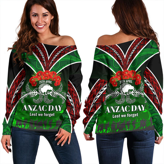 New Zealand Off Shoulder Sweatshirt - Anzac Day Silver Ferns Kiwi Birds Style