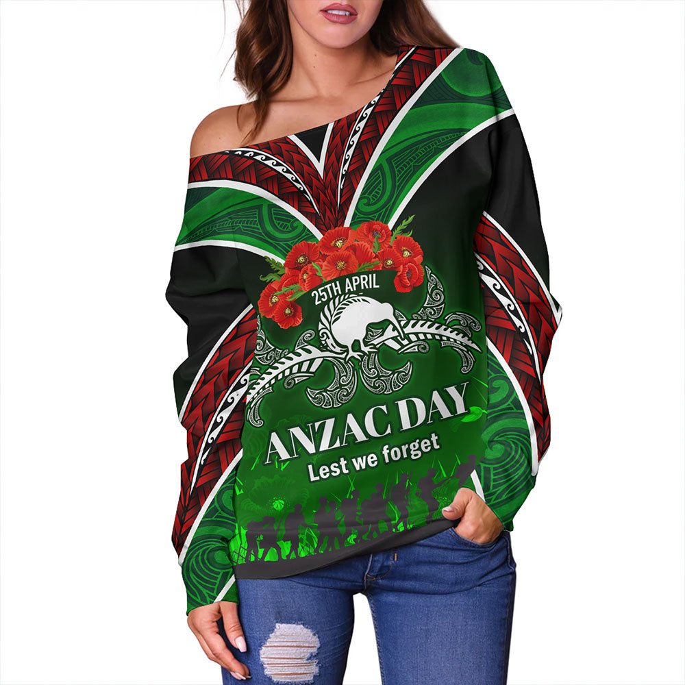 New Zealand Off Shoulder Sweatshirt - Anzac Day Silver Ferns Kiwi Birds Style