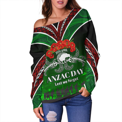 New Zealand Off Shoulder Sweatshirt - Anzac Day Silver Ferns Kiwi Birds Style