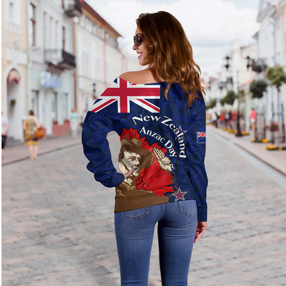 New Zealand Off Shoulder Sweatshirt - FLag Anzac Day Maori Patterns