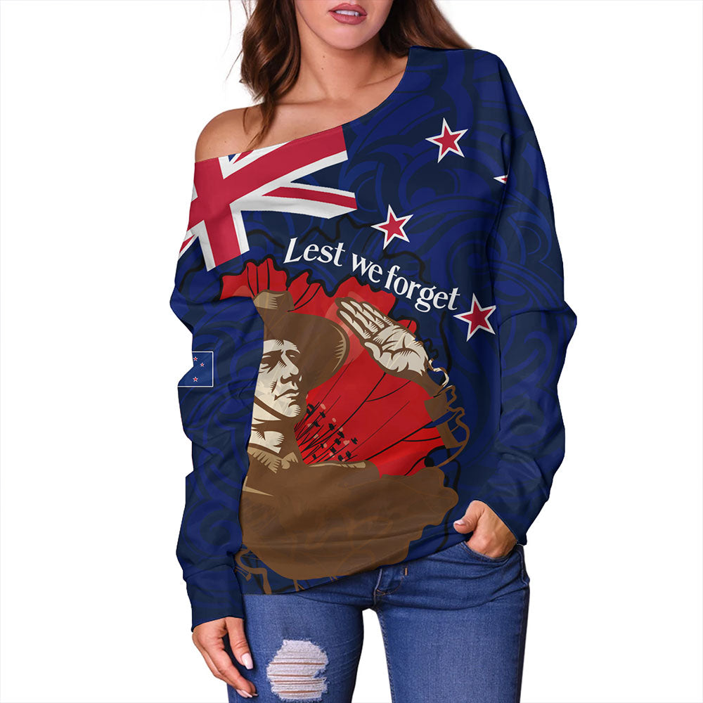 New Zealand Off Shoulder Sweatshirt - FLag Anzac Day Maori Patterns
