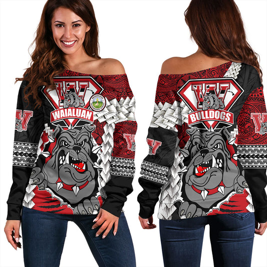 Hawaii Off Shoulder Sweatshirt Custom Waialua High & Intermediate School Bulldogs Pride Polynesian Style