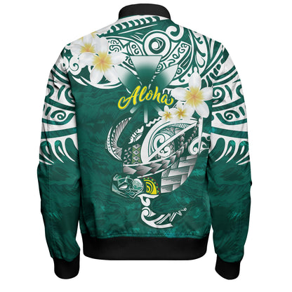 Hawaii Bomber Jacket Polynesian Honu With Plumeria Tropical Ocean Wave