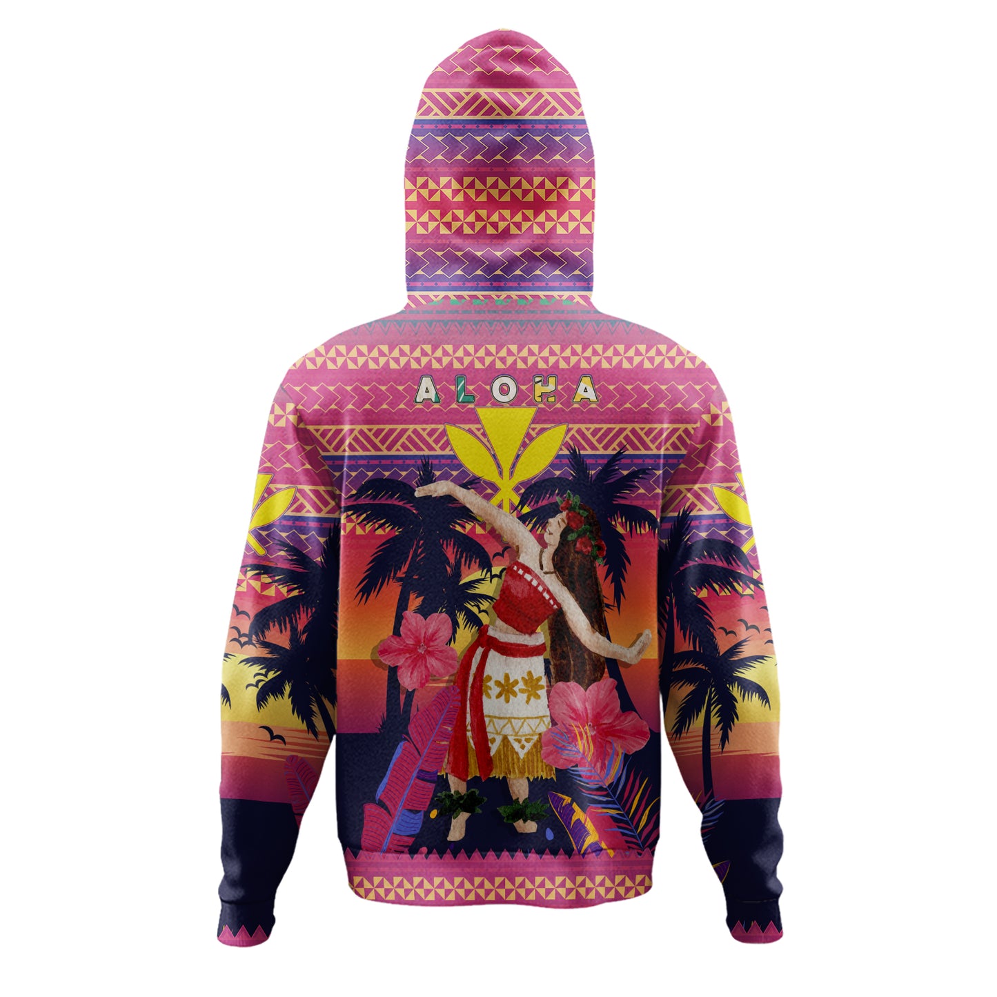 Hawaii Hoodie Custom Aloha Hula Girl Dancing In Tropical Palm Trees At Sunset Kakau Style