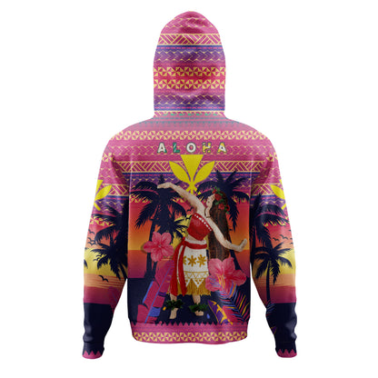 Hawaii Hoodie Custom Aloha Hula Girl Dancing In Tropical Palm Trees At Sunset Kakau Style