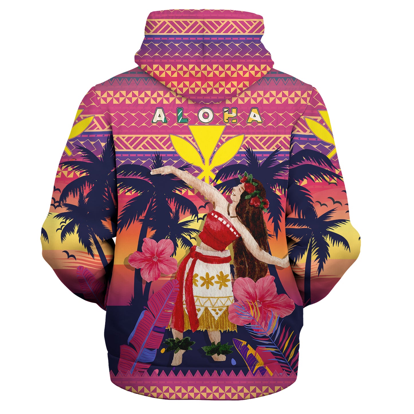 Hawaii Sherpa Hoodie Custom Aloha Hula Girl Dancing In Tropical Palm Trees At Sunset Kakau Style