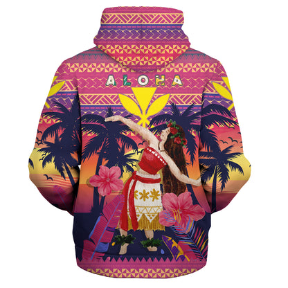 Hawaii Sherpa Hoodie Custom Aloha Hula Girl Dancing In Tropical Palm Trees At Sunset Kakau Style