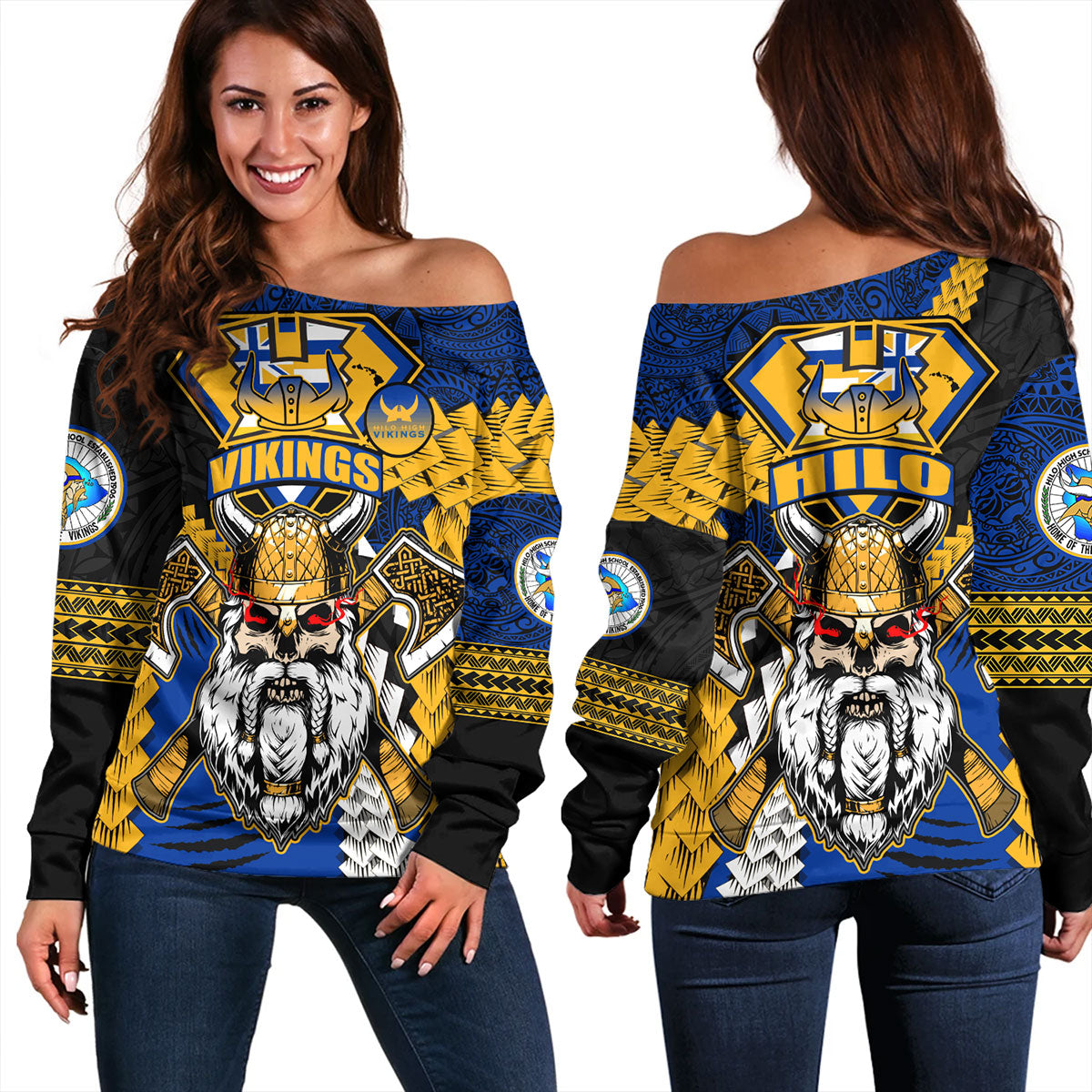 Hawaii Off Shoulder Sweatshirt Custom Hilo High School Home Of The Vikings Polynesian Style