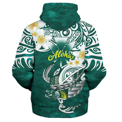 Hawaii Sherpa Hoodie Polynesian Honu With Plumeria Tropical Ocean Wave