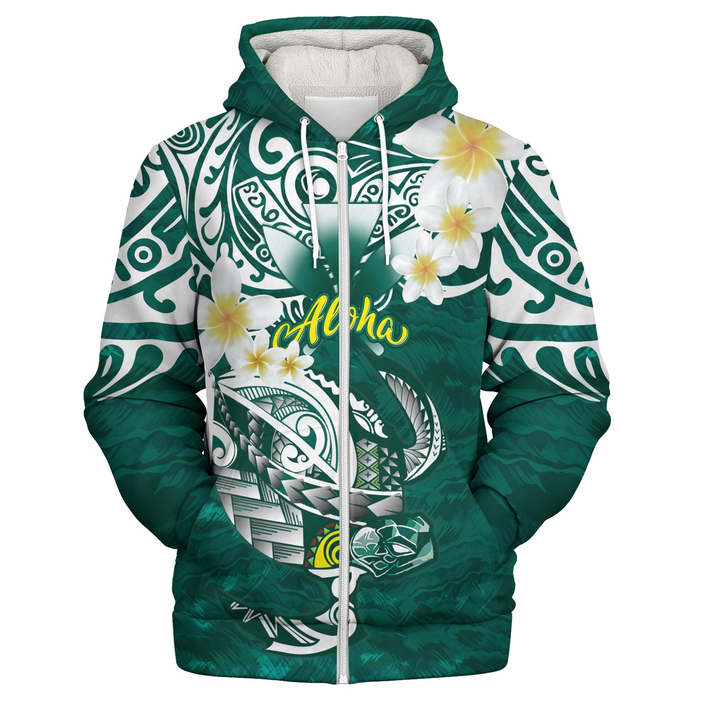 Hawaii Sherpa Hoodie Polynesian Honu With Plumeria Tropical Ocean Wave