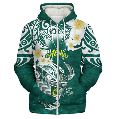 Hawaii Sherpa Hoodie Polynesian Honu With Plumeria Tropical Ocean Wave