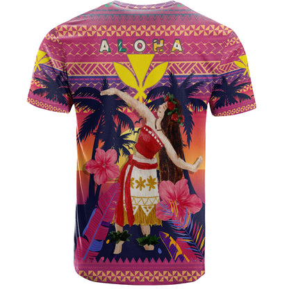 Hawaii T-Shirt Custom Aloha Hula Girl Dancing In Tropical Palm Trees At Sunset Kakau Style