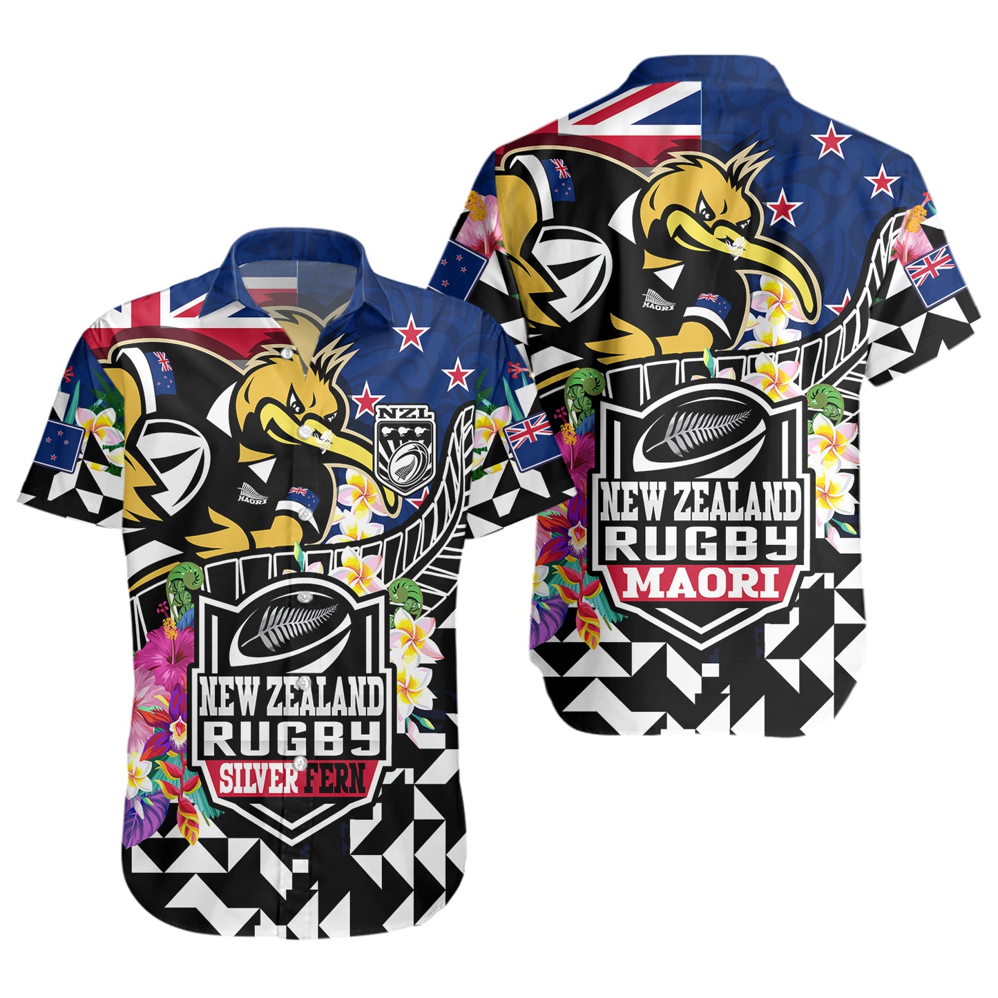 New Zealand Short Sleeve Shirt Custom Maori Kiwis Rugby Silver Fern Black Hexagon Tropical Jersey