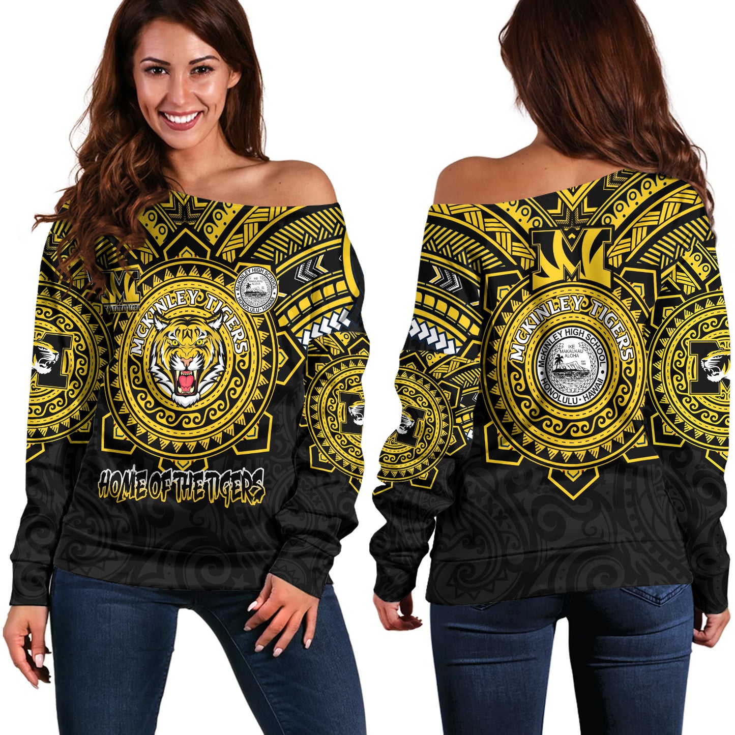 Hawaii Off Shoulder Sweatshirt Custom President William McKinley High School Black & Gold Super Tigers Tribal Style