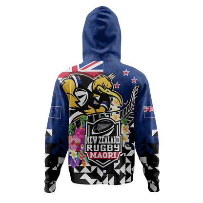 New Zealand Hoodie Custom Maori Kiwis Rugby Silver Fern Black Hexagon Tropical Jersey