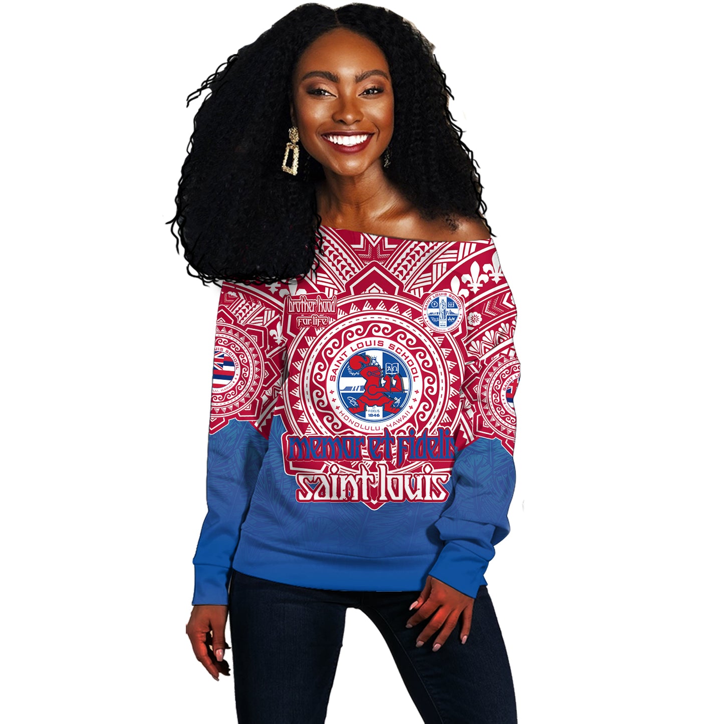 Hawaii Off Shoulder Sweatshirt Custom Saint Louis School Memor et Fidelis Brother Hood For Life Tribal Style