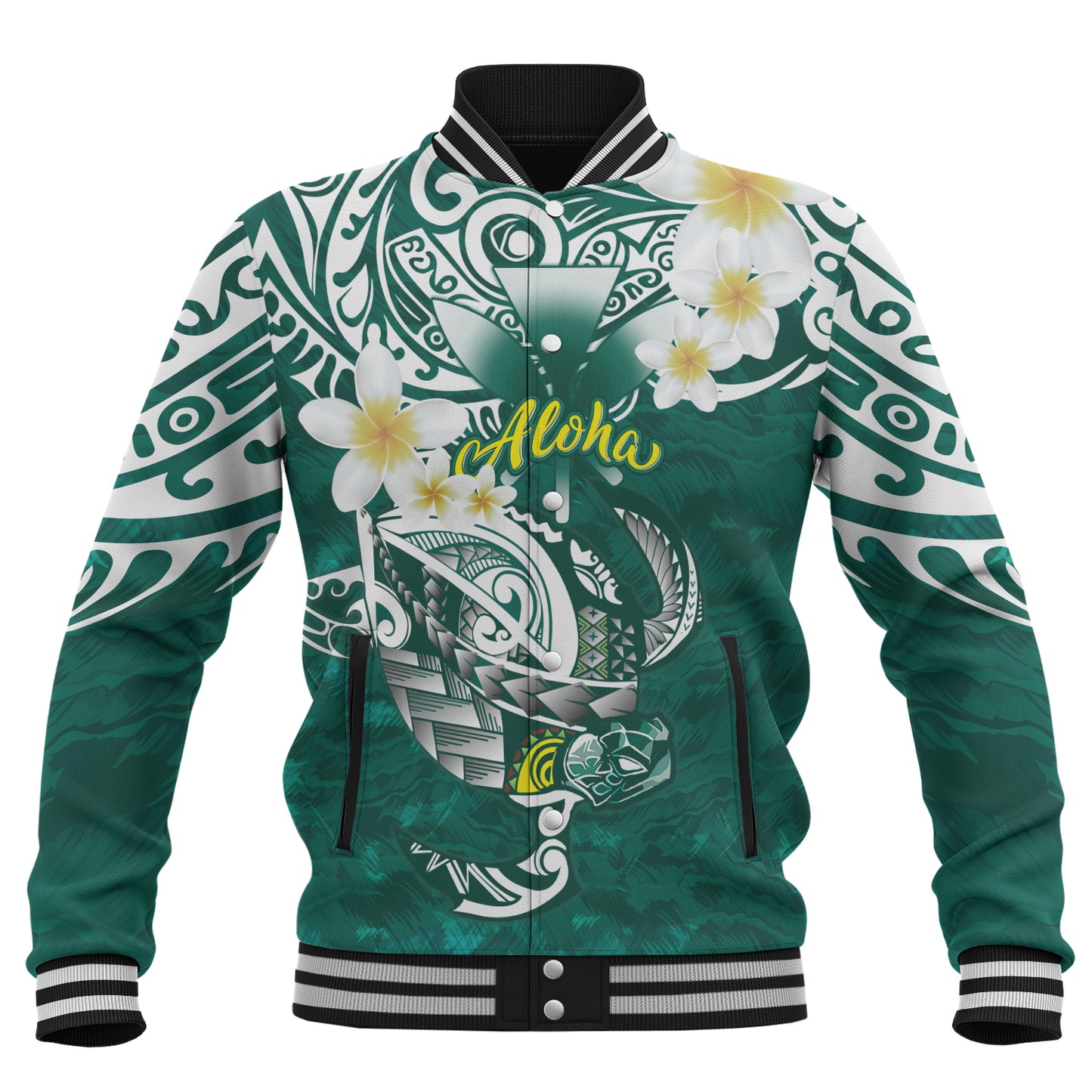 Hawaii Baseball Jacket Polynesian Honu With Plumeria Tropical Ocean Wave