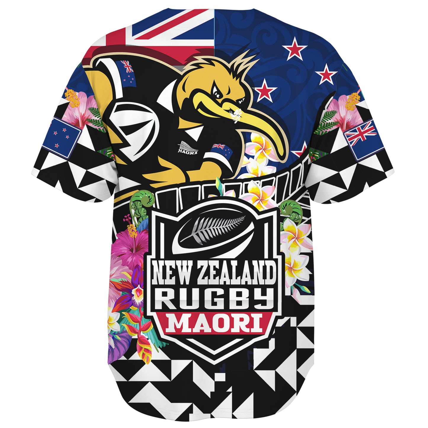 New Zealand Baseball Shirt Custom Maori Kiwis Rugby Silver Fern Black Hexagon Tropical Jersey