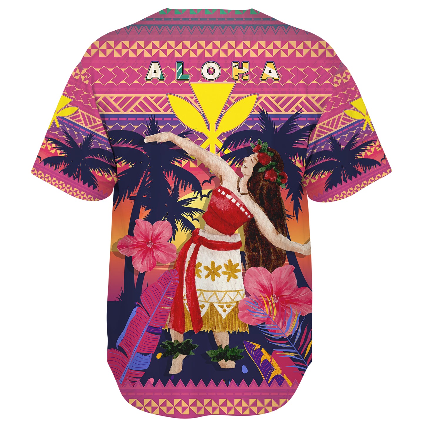 Hawaii Baseball Shirt Custom Aloha Hula Girl Dancing In Tropical Palm Trees At Sunset Kakau Style