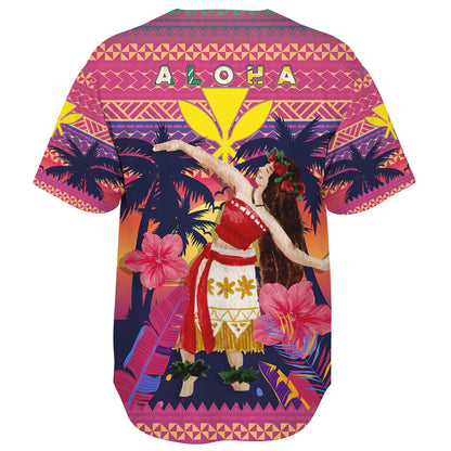Hawaii Baseball Shirt Custom Aloha Hula Girl Dancing In Tropical Palm Trees At Sunset Kakau Style