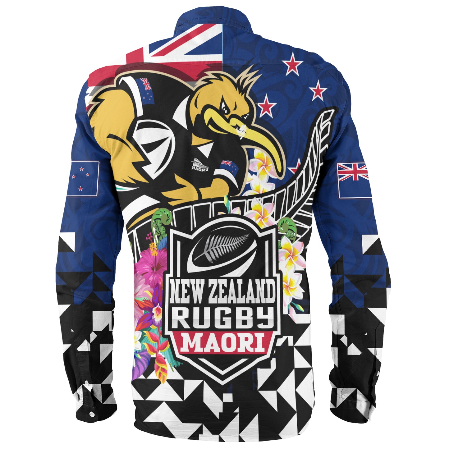New Zealand Long Sleeve Shirt Custom Maori Kiwis Rugby Silver Fern Black Hexagon Tropical Jersey