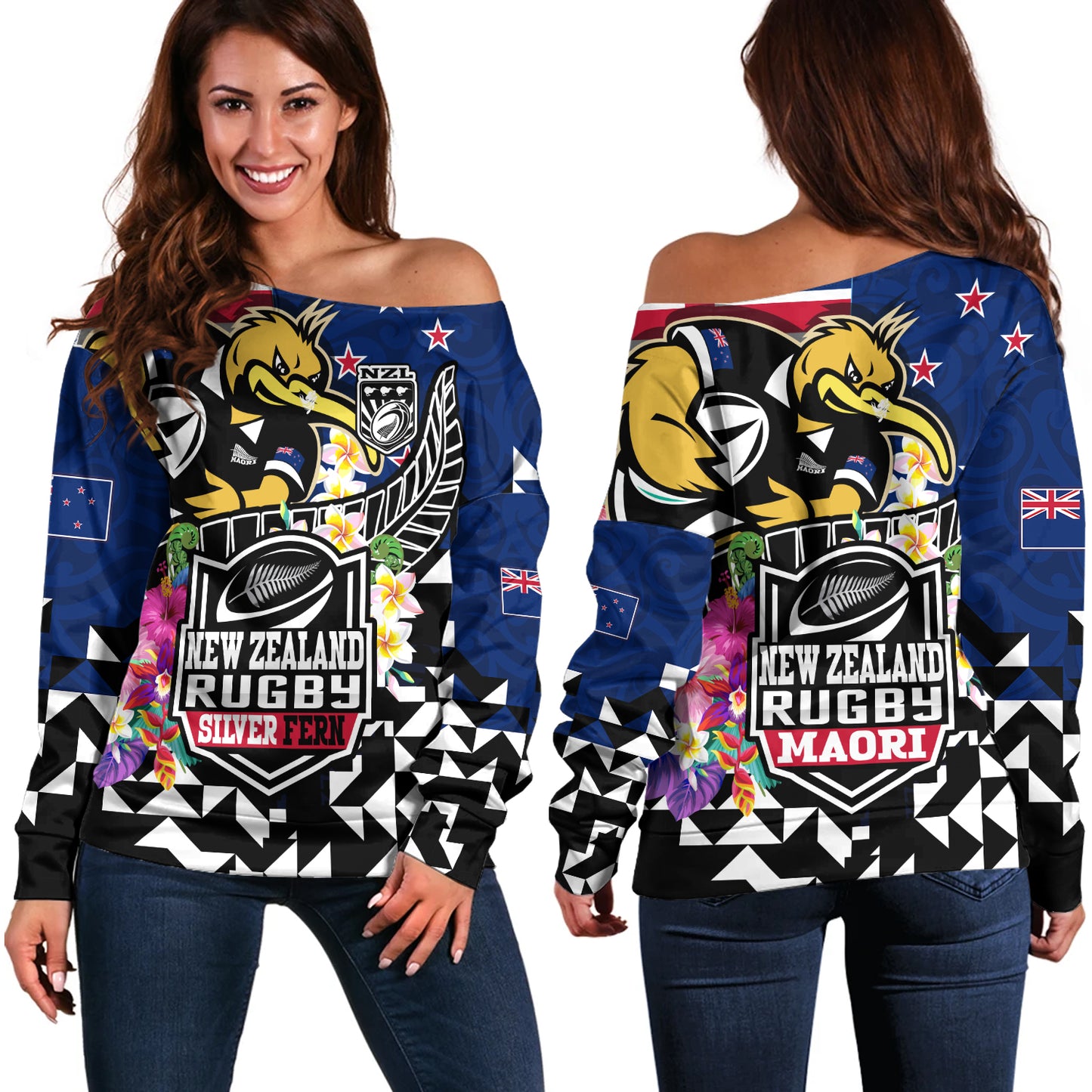 New Zealand Off Shoulder Sweatshirt Custom Maori Kiwis Rugby Silver Fern Black Hexagon Tropical Jersey