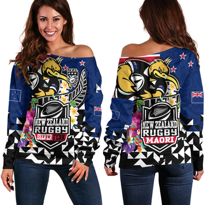 New Zealand Off Shoulder Sweatshirt Custom Maori Kiwis Rugby Silver Fern Black Hexagon Tropical Jersey