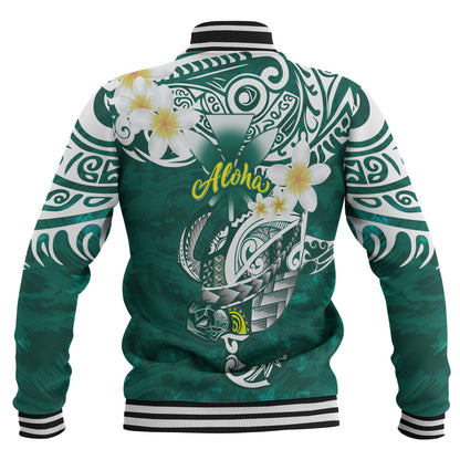 Hawaii Baseball Jacket Polynesian Honu With Plumeria Tropical Ocean Wave