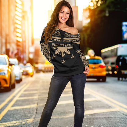 Philippines Filipinos Off Shoulder Sweatshirt Filipinos Sun Tribal Tattoo Gold Color Style