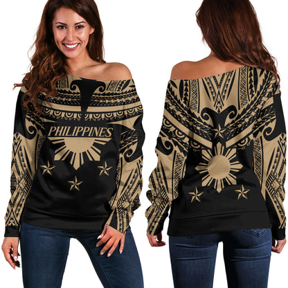 Philippines Filipinos Off Shoulder Sweatshirt Filipinos Sun Tribal Tattoo Gold Color Style