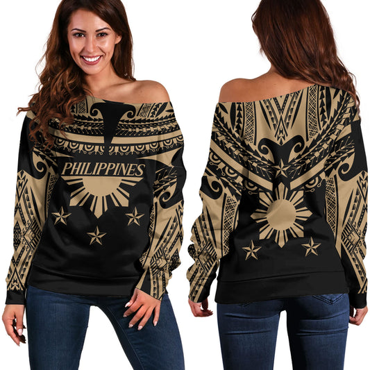Philippines Filipinos Off Shoulder Sweatshirt Filipinos Sun Tribal Tattoo Gold Color Style