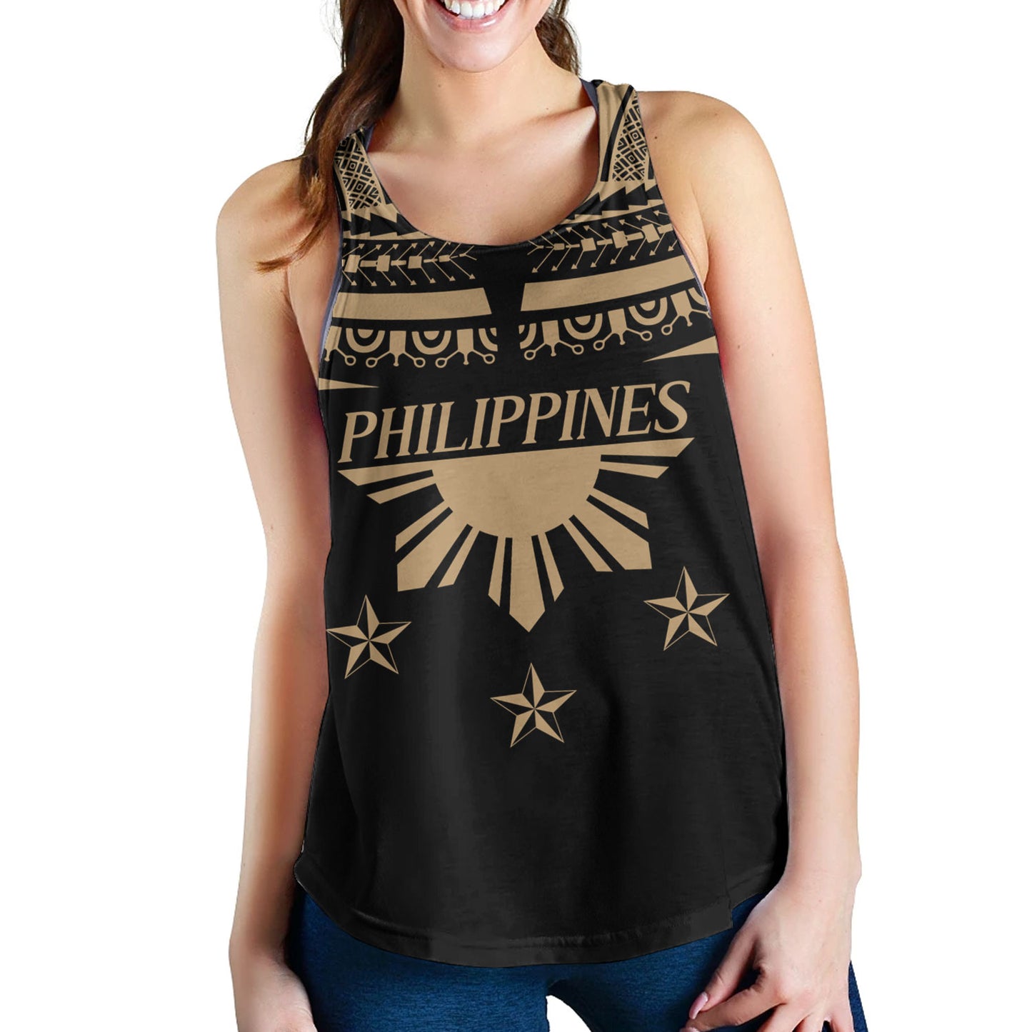 Philippines Filipinos Women Tank Filipinos Sun Tribal Tattoo Gold Color Style