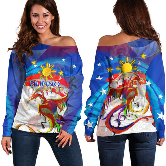 Philippines Filipinos Off Shoulder Sweatshirt Sarimanok Maranao With Filipino Flag Design
