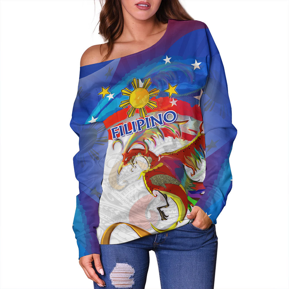 Philippines Filipinos Off Shoulder Sweatshirt Sarimanok Maranao With Filipino Flag Design