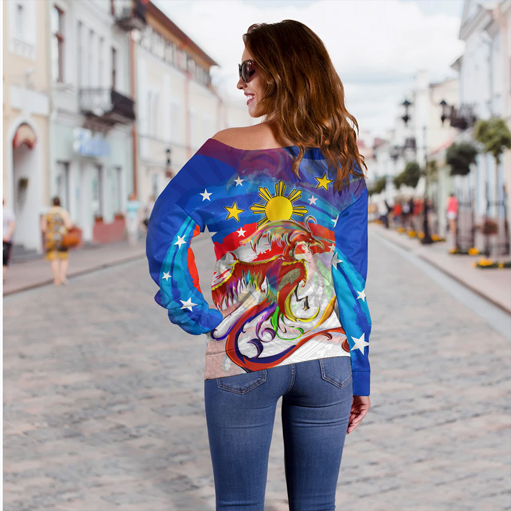 Philippines Filipinos Off Shoulder Sweatshirt Sarimanok Maranao With Filipino Flag Design