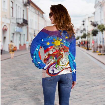 Philippines Filipinos Off Shoulder Sweatshirt Sarimanok Maranao With Filipino Flag Design