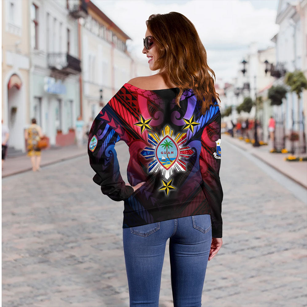 Philippines Off Shoulder Sweatshirt - Guam Seal With Philippines Sun And Stars