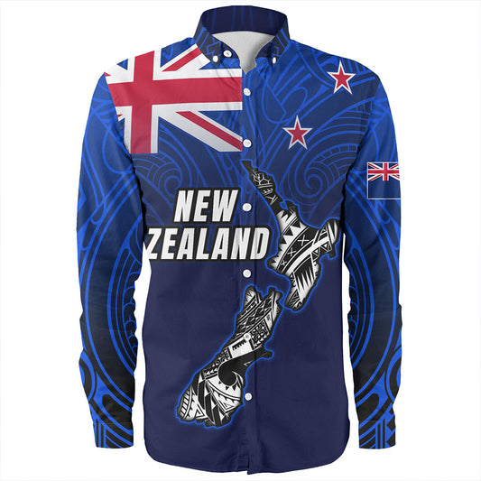 New Zealand Long Sleeve Shirt - New Zealand Map Maori Face Patterns