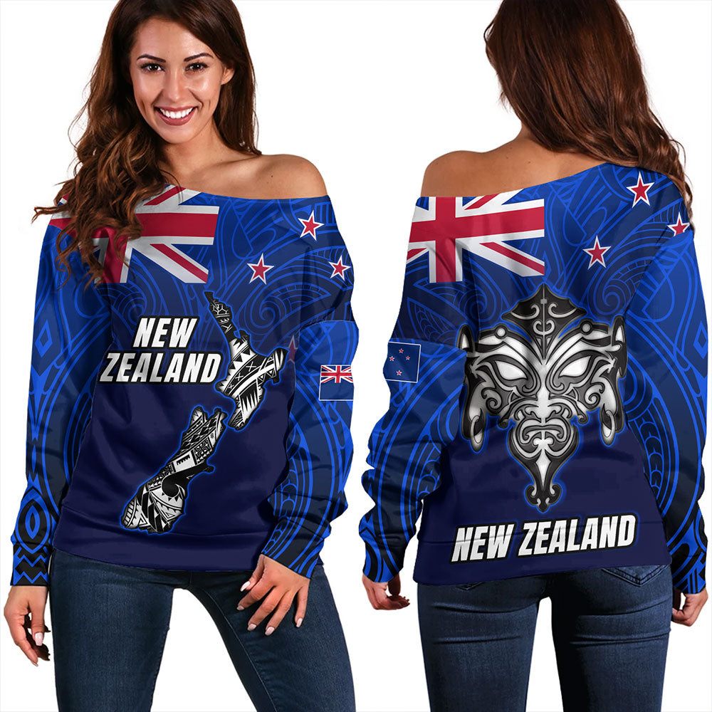 New Zealand Off Shoulder Sweatshirt - New Zealand Map Maori Face Patterns