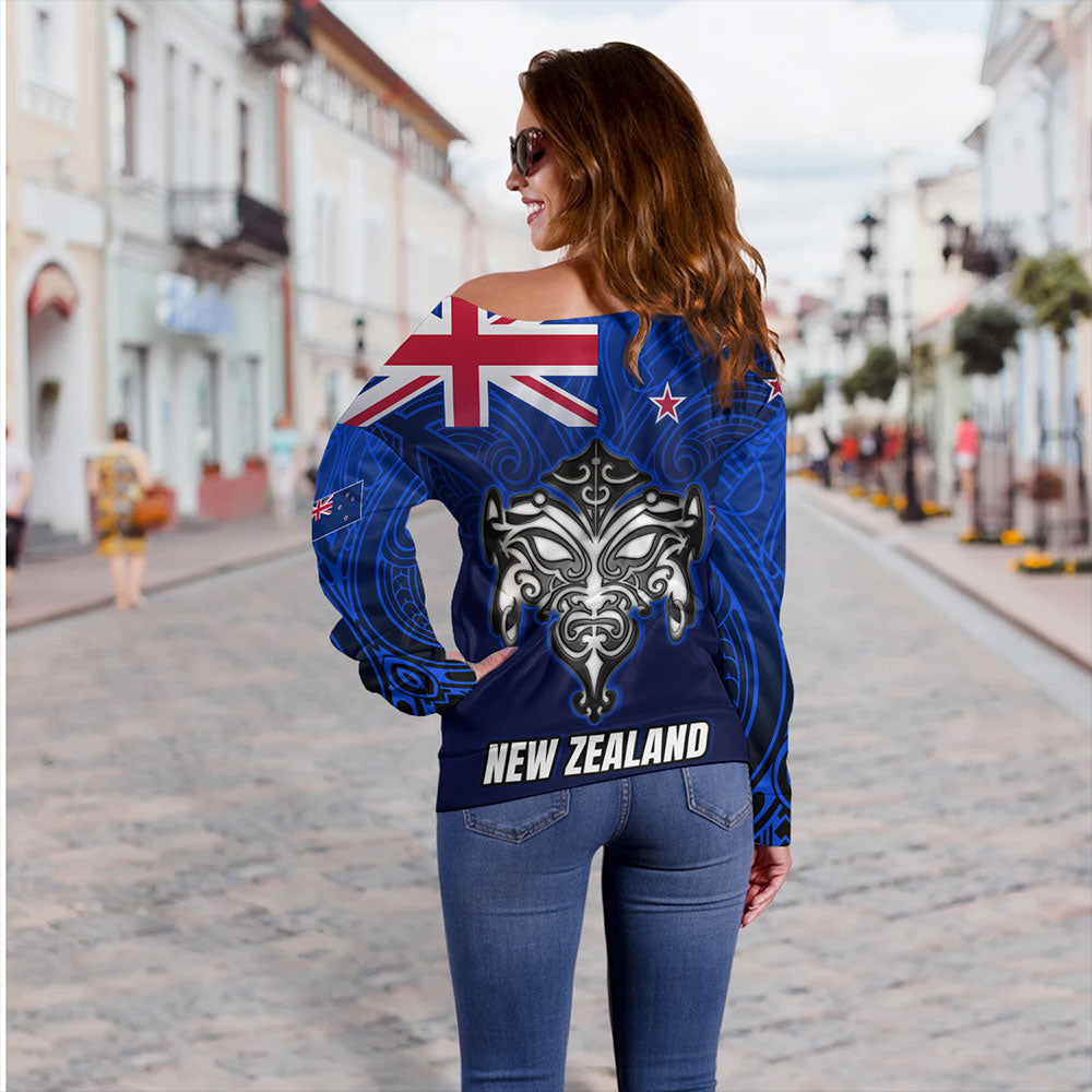 New Zealand Off Shoulder Sweatshirt - New Zealand Map Maori Face Patterns