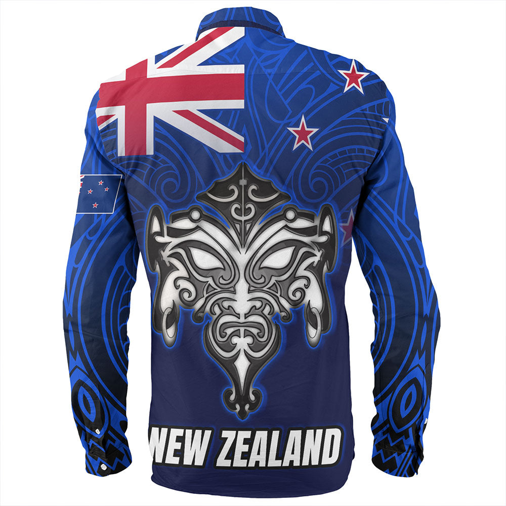 New Zealand Long Sleeve Shirt - New Zealand Map Maori Face Patterns