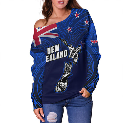 New Zealand Off Shoulder Sweatshirt - New Zealand Map Maori Face Patterns
