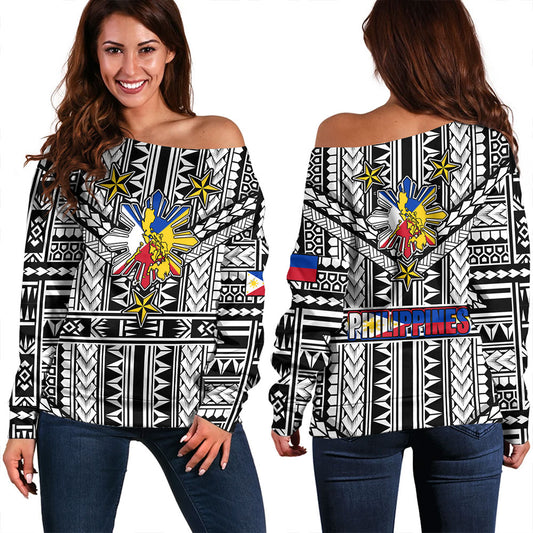 Philippines Off Shoulder Sweatshirt - Filipino Sun And Stars Tribal Tattoo Patterns Style