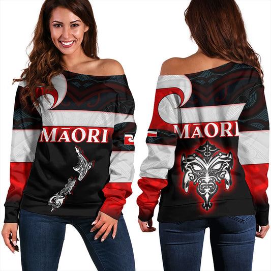 New Zealand Off Shoulder Sweatshirt - Maori Face And Flag Patterns