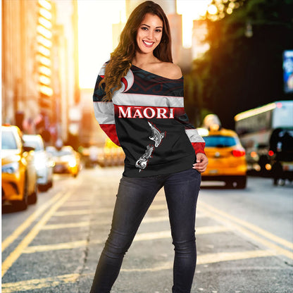 New Zealand Off Shoulder Sweatshirt - Maori Face And Flag Patterns