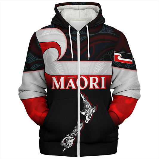 New Zealand Sherpa Hoodie - Maori Face And Flag Patterns