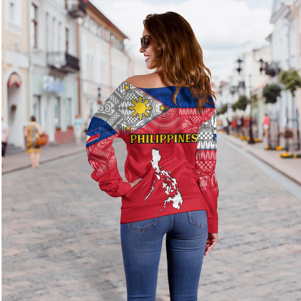 Philippines Off Shoulder Sweatshirt - Philippines Map And Flag Color Style