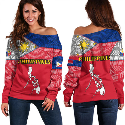 Philippines Off Shoulder Sweatshirt - Philippines Map And Flag Color Style