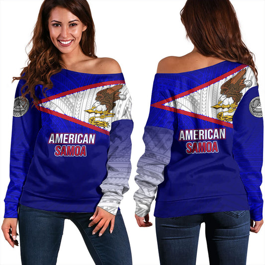 American Samoa Off Shoulder Sweatshirt - American Samoa Flag Color With Traditional Patterns