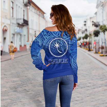 Chuuk State Off Shoulder Sweatshirt Flag Color With Traditional Patterns